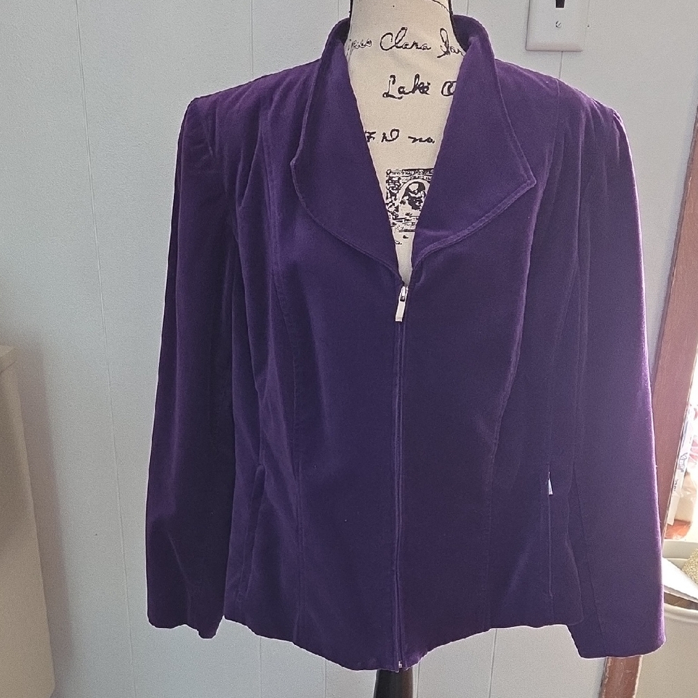Jones New York Signature Woman 2X Purple Stretch Velvet Velour Zip Jacket